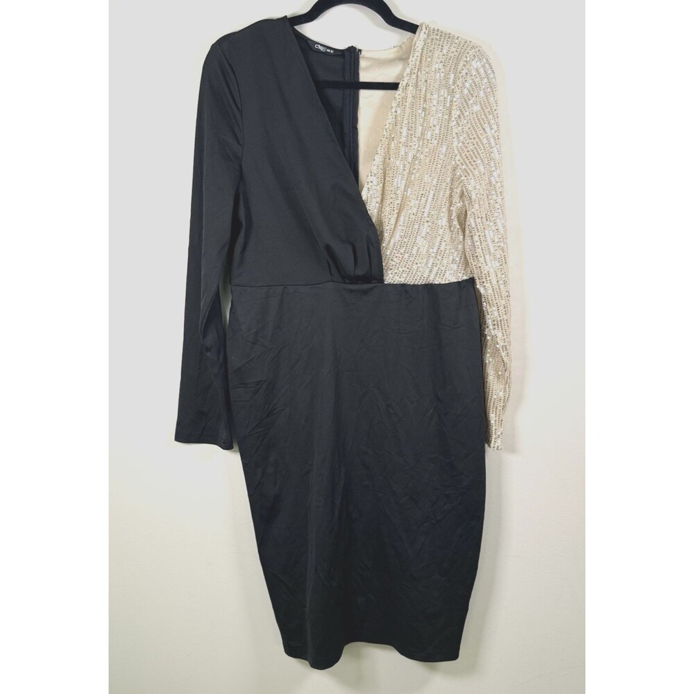 CHICME Black Gold Sequin Colorblock V-Neck Sheath Dress Long Sleeve XL